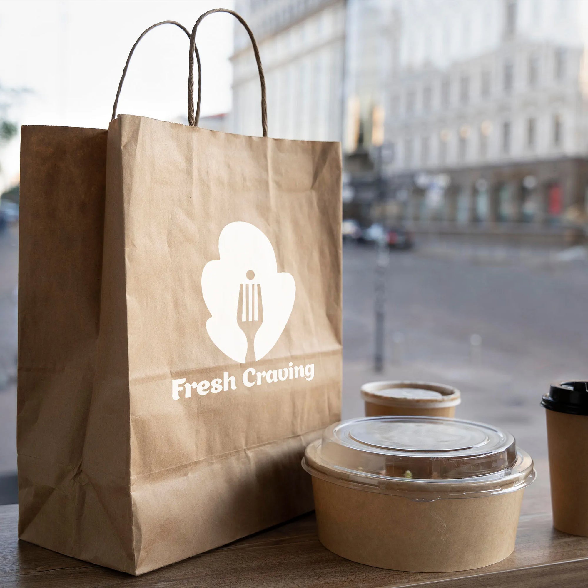Eco-friendly custom paper bag with 'Fresh Craving' logo next to food containers on a wooden table.
