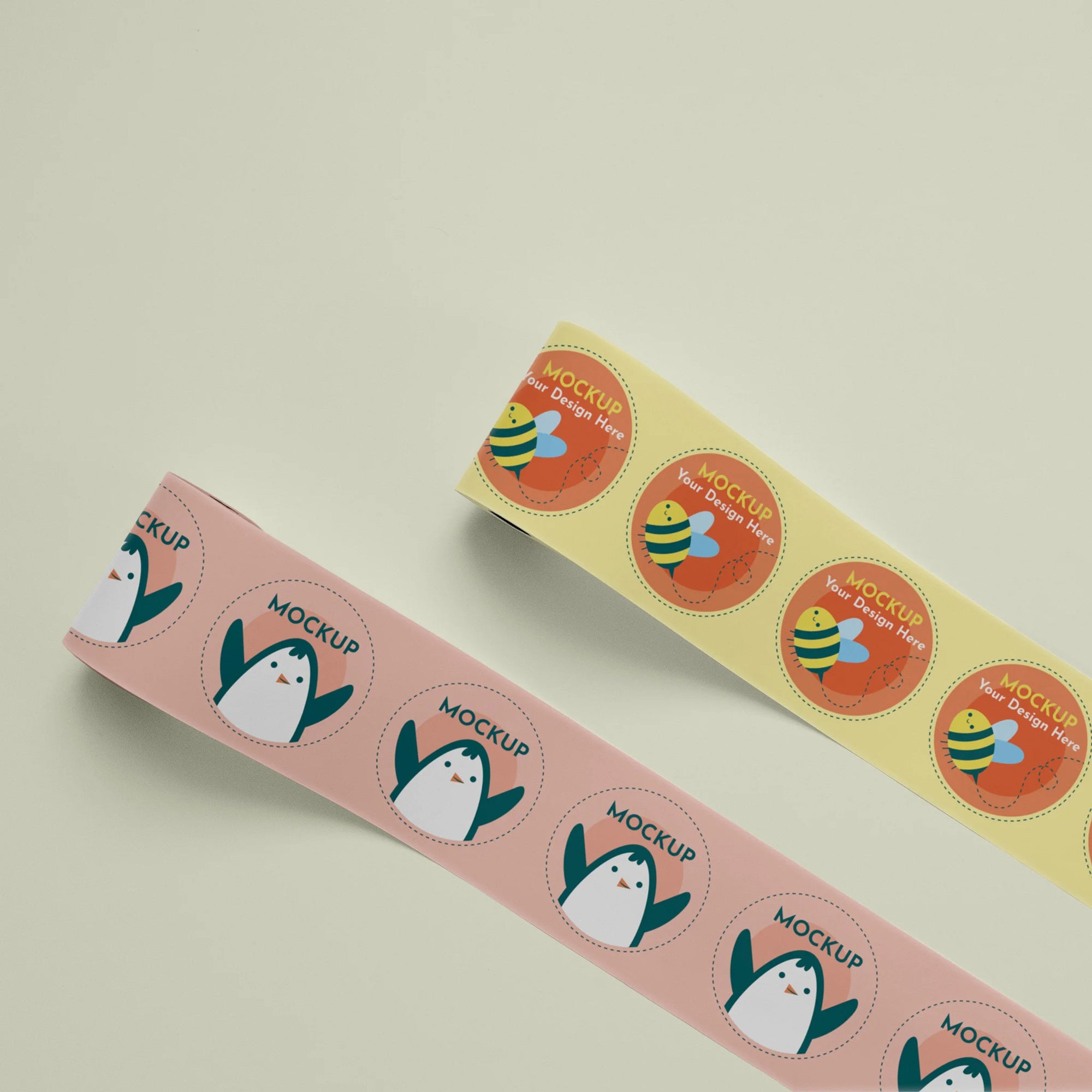 Custom round roll labels featuring colorful designs with bees and playful characters on a soft background.
