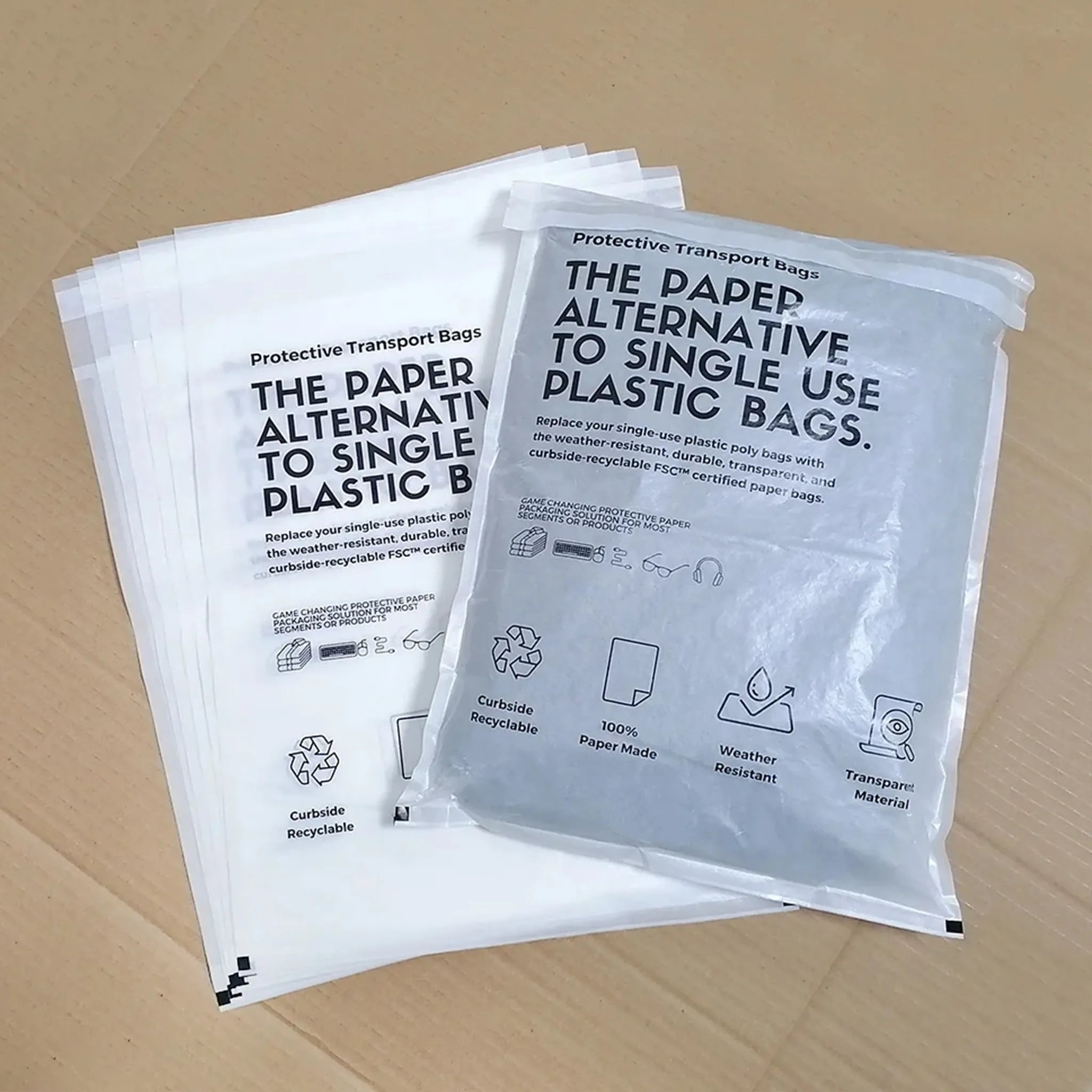 Protective transport bags showcasing eco-friendly, paper alternative to single-use plastic bags, recyclable and weather resistant.