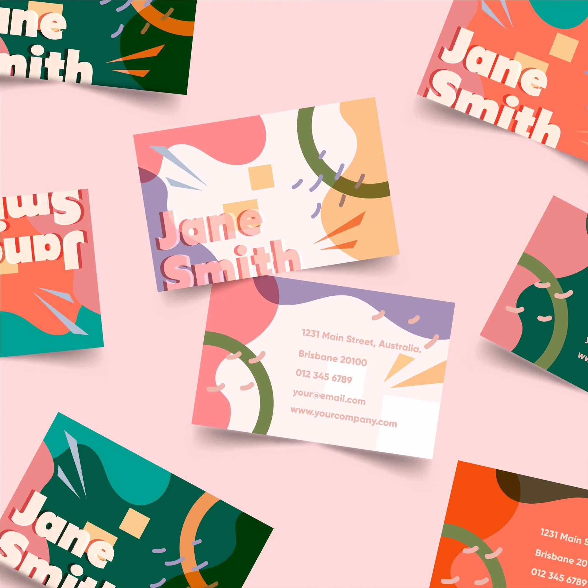 Colorful custom business cards featuring the name Jane Smith, showcasing modern and artistic design elements.