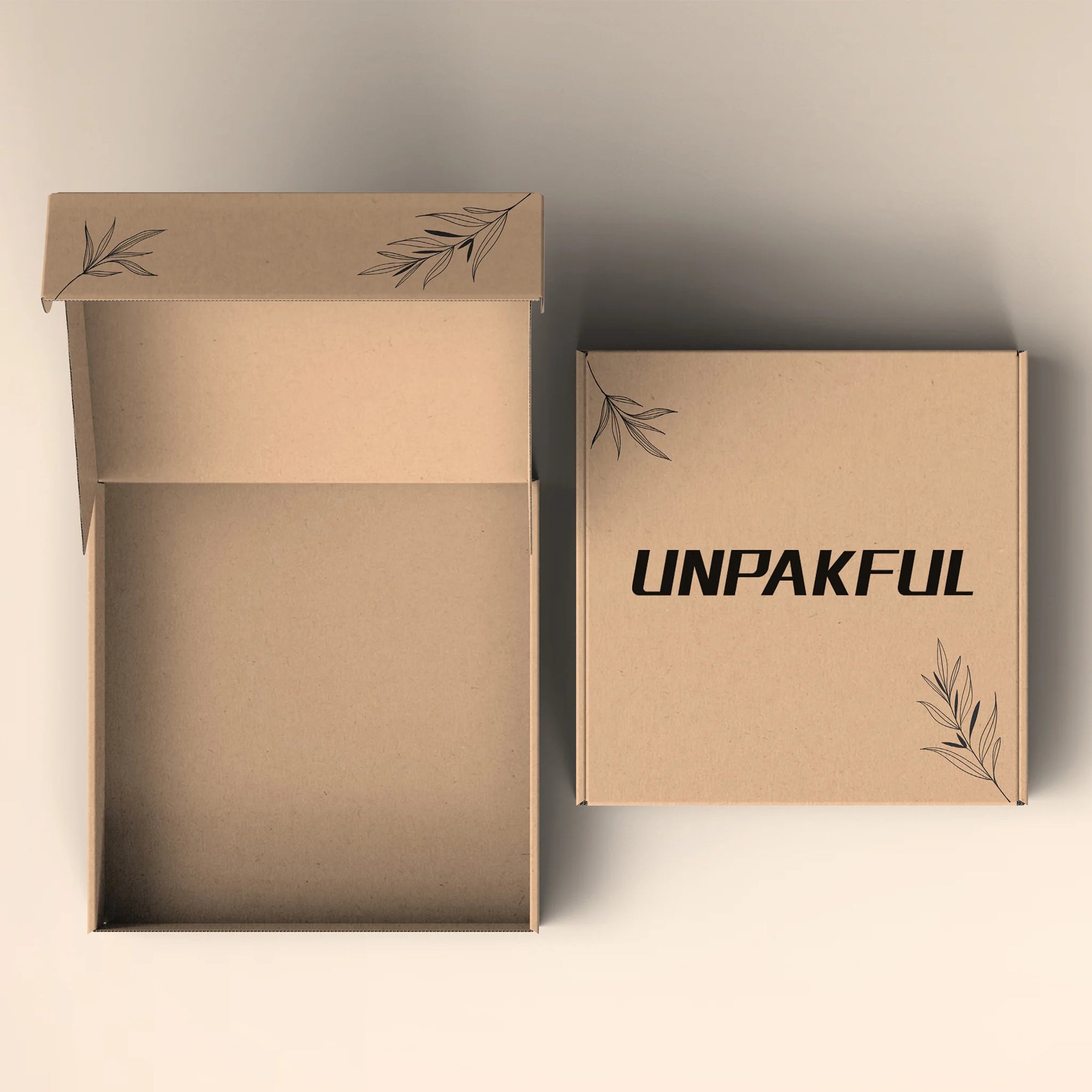 Custom mailer box design featuring an open box and a closed box with floral illustrations and the brand name "UNPAKFUL".