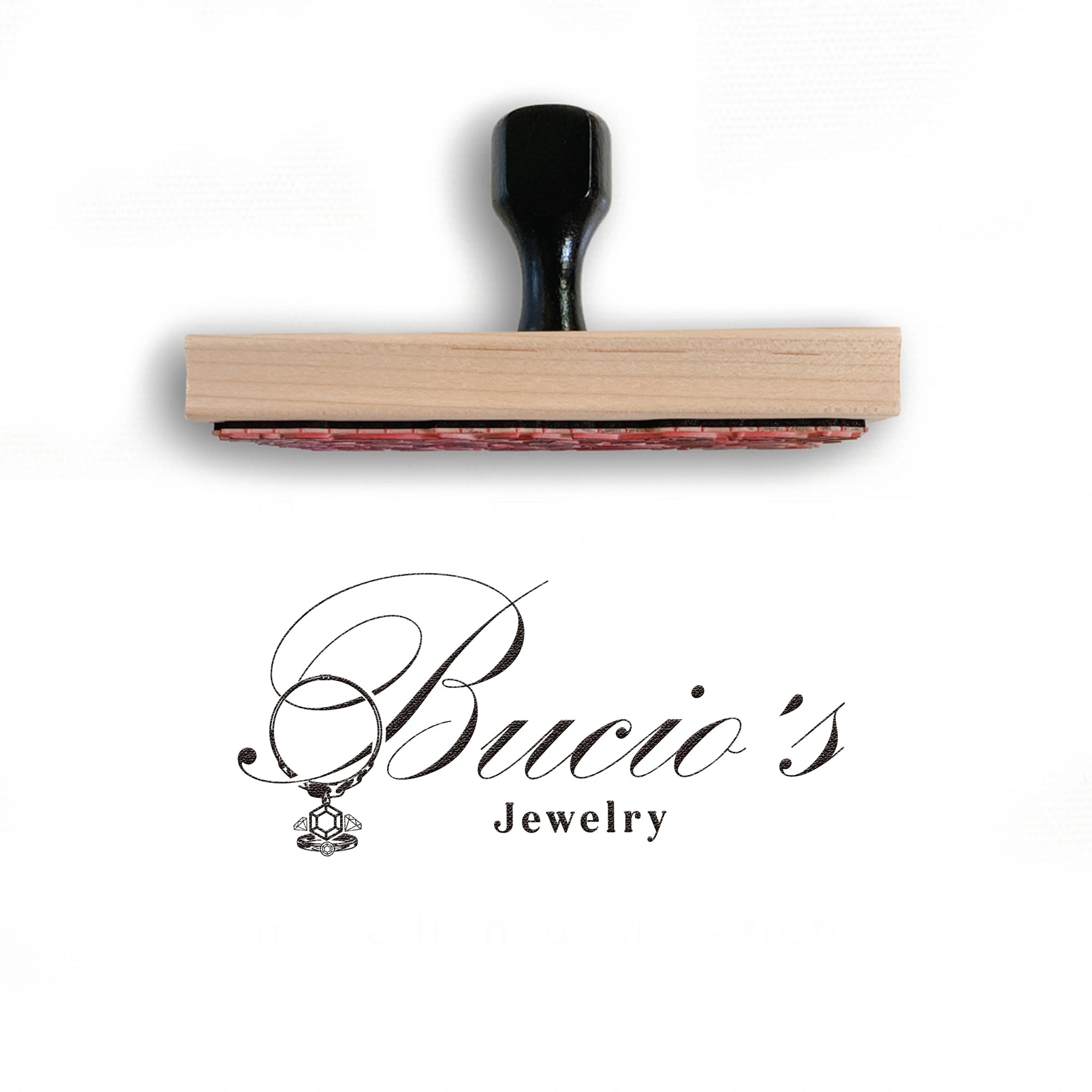 Custom rubber stamp featuring Bucio&#39;s Jewelry logo for branding and personalization.