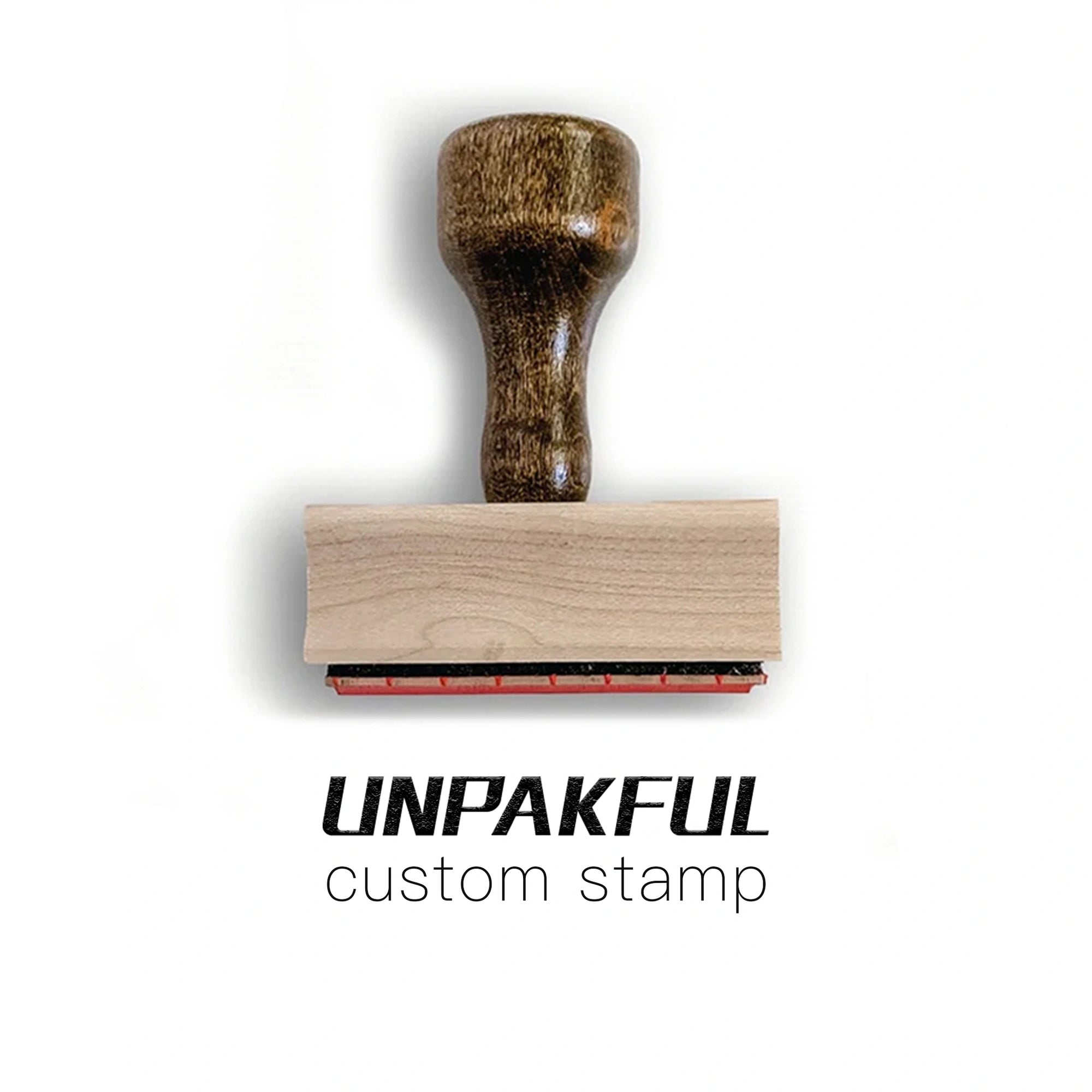 Custom rubber stamp with wooden handle for branding and personalized messaging.