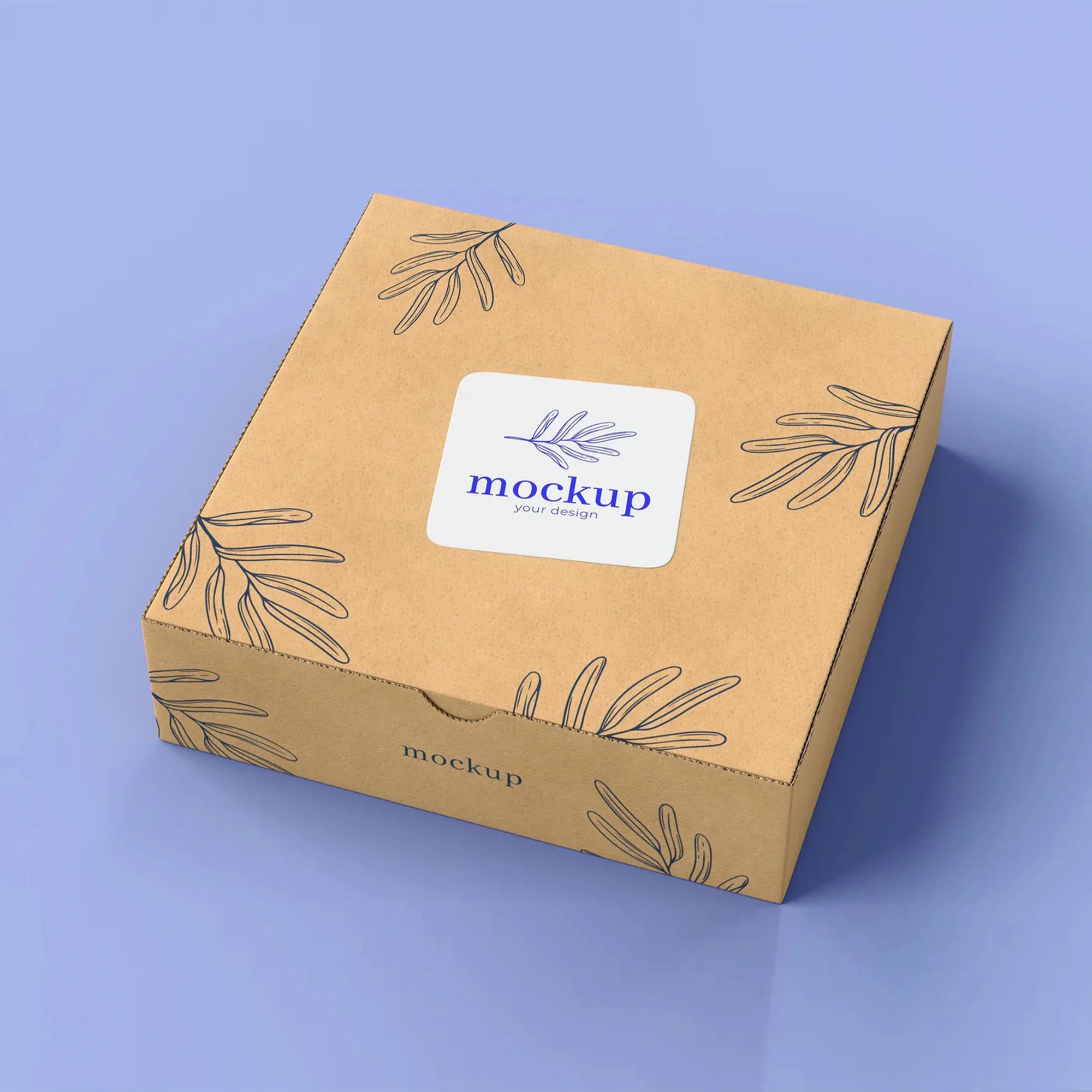 Custom square sticker mockup on a kraft box with floral design, showcasing personalized branding options.