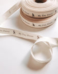 Custom cotton ribbon in natural tones with "My Tiny Forest" text and graphic, perfect for sustainable packaging and crafts.