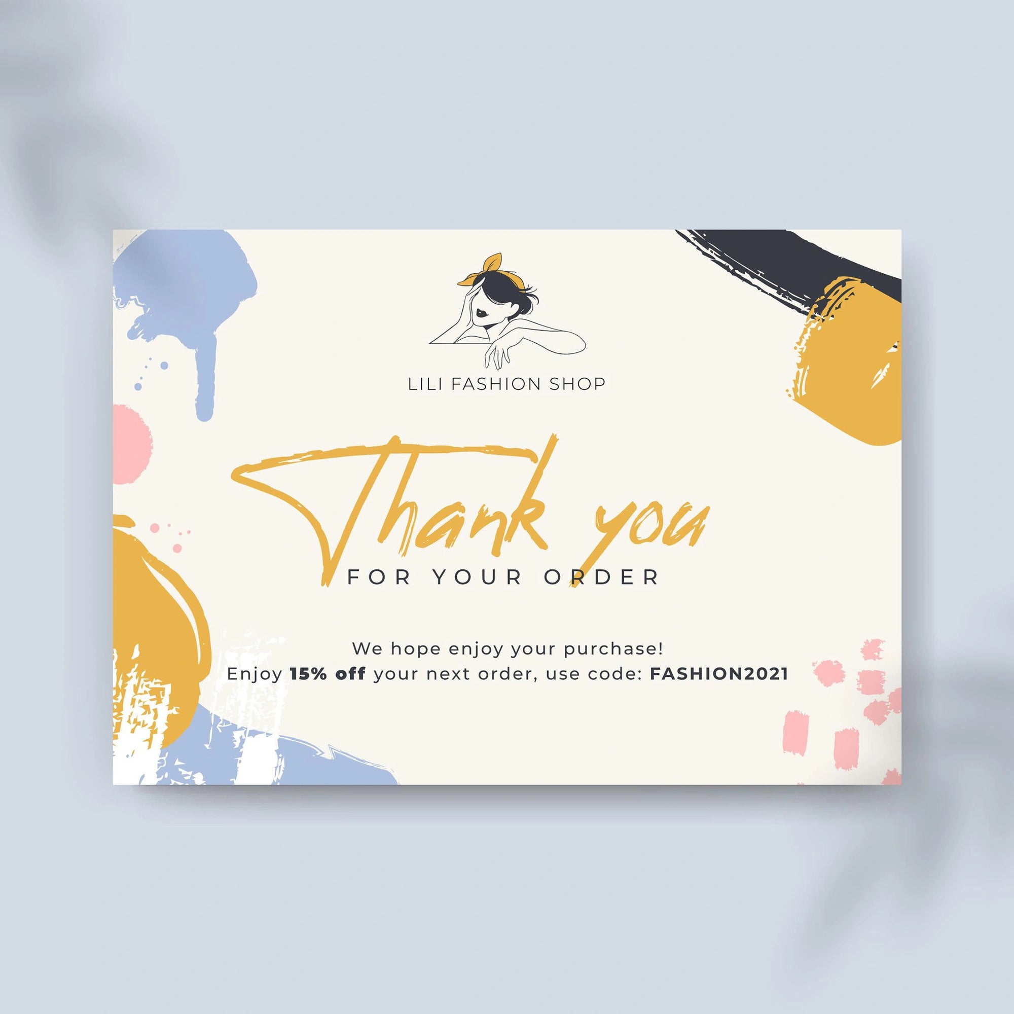 Thank you card from Lili Fashion Shop with colorful design and discount code for next purchase.