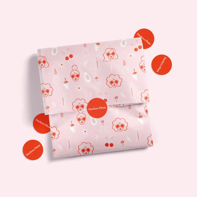 pink tissue with bright red logo