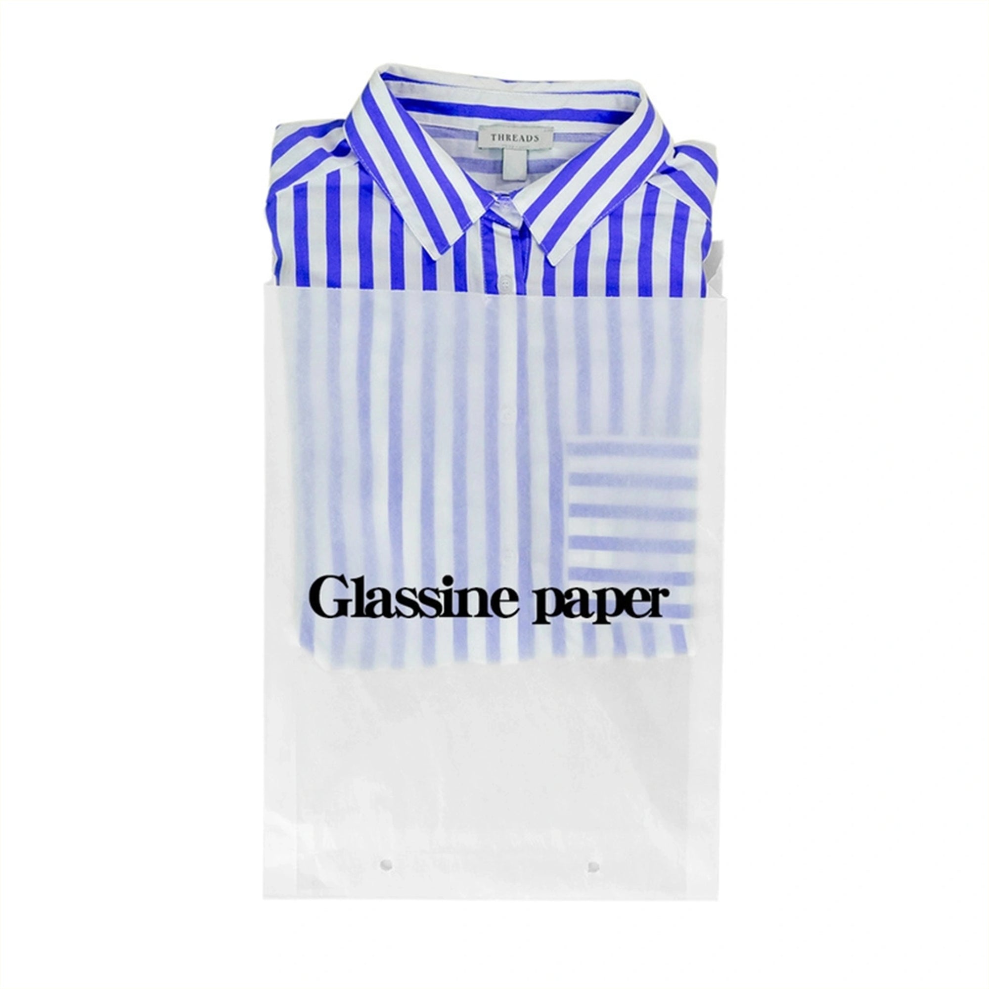 Custom glassine bag with a blue and white striped shirt inside, showcasing glossy finish and printed design.